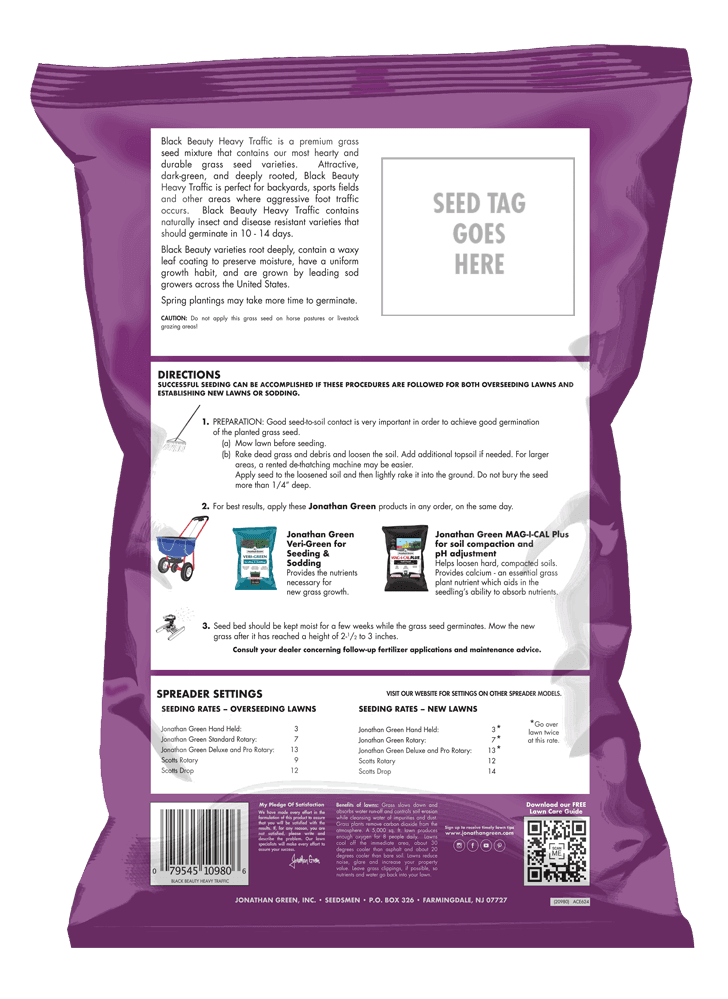 Back of a Jonathan Green grass seed product package with detailed instructions for preparation, seeding, and spreader settings. The bag highlights two specific products: Jonathan Green Black Beauty and MAG-I-CAL Plus. This Black Beauty® Heavy Traffic Grass Seed ensures durability for high-use areas.