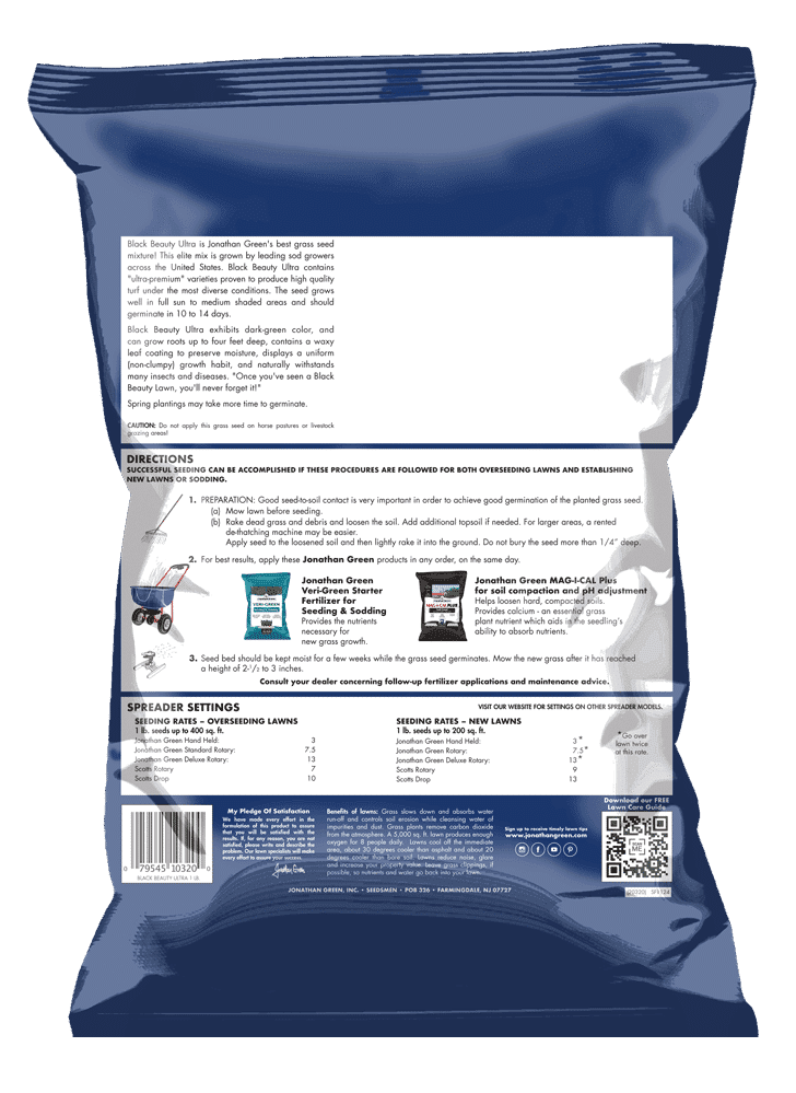 The rear of a Black Beauty® Ultra Grass Seed bag from Jonathan Green displays comprehensive instructions, directions, and spreader settings for superior lawn care, along with images of two product samples at the bottom.