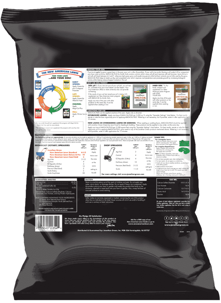 Back of Mag-I-Cal® Plus for Lawns in Acidic & Hard Soil product bag, featuring detailed information on soil care and soil health, application instructions, usage tips, spreading guidelines, and soil pH information. Also includes spreader settings, broadcast rotary spreaders, drop spreaders, and product analysis.