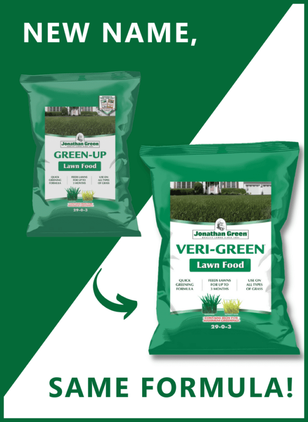 Advertisement showing a Veri-Green Nitrogen Rich Lawn Fertilizer, with old and new packaging designs displayed. The text emphasizes "New Name, Same Formula.