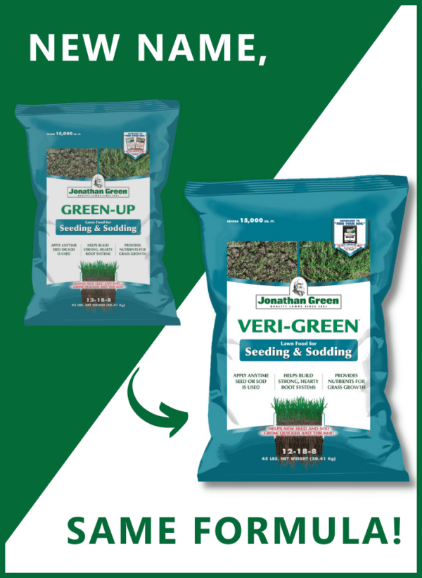 Two bags of Jonathan Green grass seed, labeled for seeding and sodding, with Veri-Green Starter Fertilizer for Seeding & Sodding, featuring text "New Name, Same Formula" on a green background.