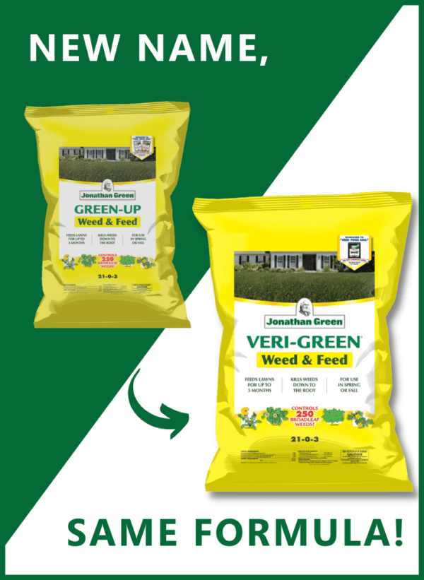 Promotional image showing Veri-Green Weed & Feed Lawn Fertilizer before and after a name change, highlighting that the formula remains the same.