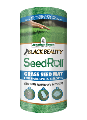 A cylindrical package of Black Beauty® Biodegradable Grass Seed Roll, featuring a grass seed mat that combines mulch, seed, and fertilizer for repairing bare lawn spots and slopes in three easy steps.