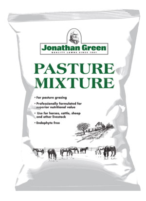 Bag of jonathan green pasture mixture grass seed for professional grazing, formulated for nutritional value for horses, sheep, and other livestock.