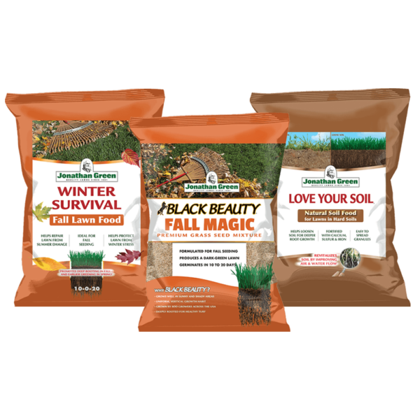 Three bags of Fall Lawn Care Bundle, including Winter Survival Fall Lawn Food, Black Beauty Grass Seed Mix, and Love Your Soil Natural Soil Food.