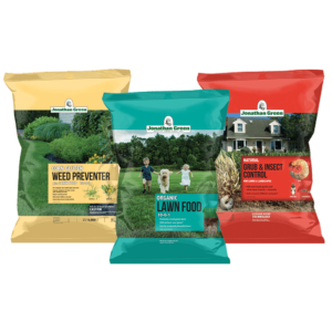 Product Name: Corn Gluten Weed Preventer, Organic Lawn Food, and Natural Bug & Insect Control Bundle: Three bags of Jonathan Green products, each featuring images of people on a lawn.