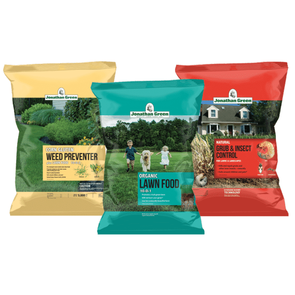 Product Name: Corn Gluten Weed Preventer, Organic Lawn Food, and Natural Bug & Insect Control Bundle: Three bags of Jonathan Green products, each featuring images of people on a lawn.
