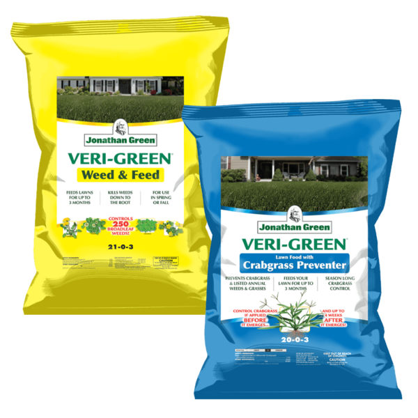 Two bags of Lawn Fertilizer and Weed Control Bundle: one for lawn fertilizer and weed control, and one for crabgrass prevention, displayed side by side.
