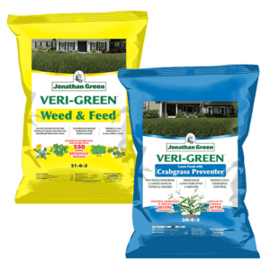 The Lawn Fertilizer and Weed Control Bundle includes two Jonathan Green Veri-Green bags: yellow Weed & Feed (fertilizer and weed control) and blue (crabgrass preventer).
