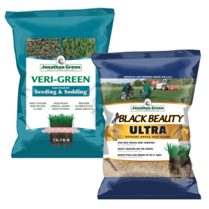 Sentence with product name: Two bags of Greenview Fairway Formula Seed Success Grass Seed & Fertilizer Bundle, one labeled "Veri-Green" and the other "Black Beauty Supreme," displayed on a transparent background.
