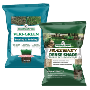 Two bags of "Grass Seed & Fertilizer Bundle for Shady Lawns" featuring "Veri-Green" and "Black Beauty Dense Shade," with a lush garden background.