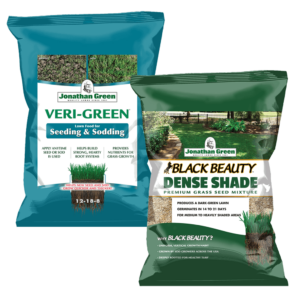 Two bags of "Grass Seed & Fertilizer Bundle for Shady Lawns" featuring "Veri-Green" and "Black Beauty Dense Shade," with a lush garden background.