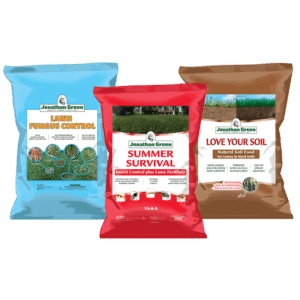 Three bags of Jonathan Green lawn care products: Lawn Fungus Control, Summer Survival, and Love Your Soil, displayed against a transparent background as part of the Summer Lawn Care Bundle.