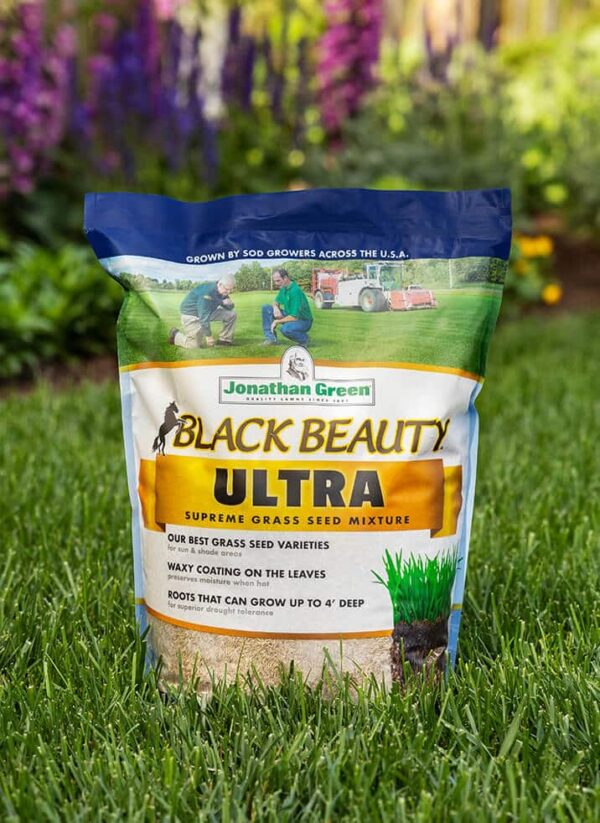 A bag of jonathan green black beauty ultra grass seed mixture standing in a lush garden as part of a Lawn Starter Kit.