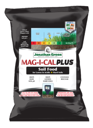 A bag of Jonathan Green Mag-I-Cal Plus soil food designed to raise soil pH and condition acidic and hard soils, displaying information and a grassy field image.