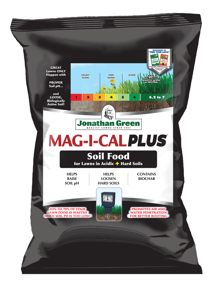 A bag of Jonathan Green Mag-I-Cal Plus soil food designed to raise soil pH and condition acidic and hard soils, displaying information and a grassy field image.