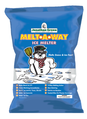 A bag of jonathan green melt-a-way ice melter with an illustration of a snowman and product features listed.