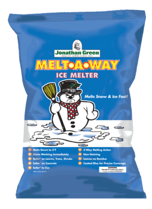 A bag of jonathan green melt-a-way ice melter with an illustration of a snowman and product features listed.