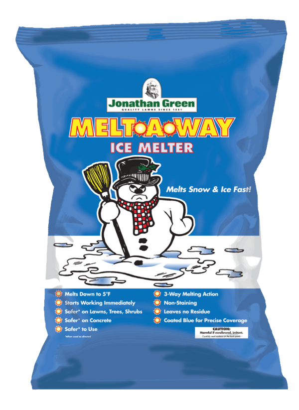 A bag of jonathan green melt-a-way ice melter with an illustration of a snowman and product features listed.