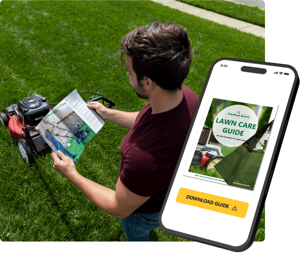 A man reading a lawn care guide beside a lawnmower with a phone displaying a similar guide.