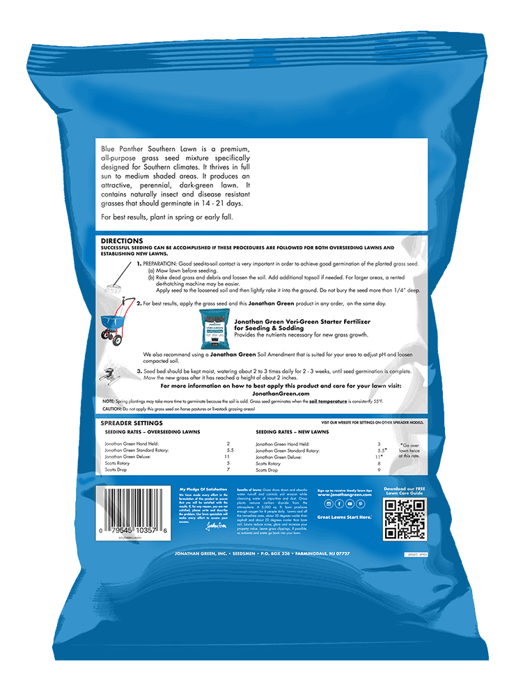 A blue bag with text and a label, featuring Blue Panther® Southern Lawn Grass Seed.