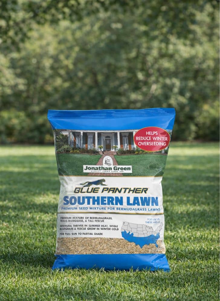 A bag of Blue Panther® Southern Lawn Grass Seed rests on a green lawn with trees in the background.