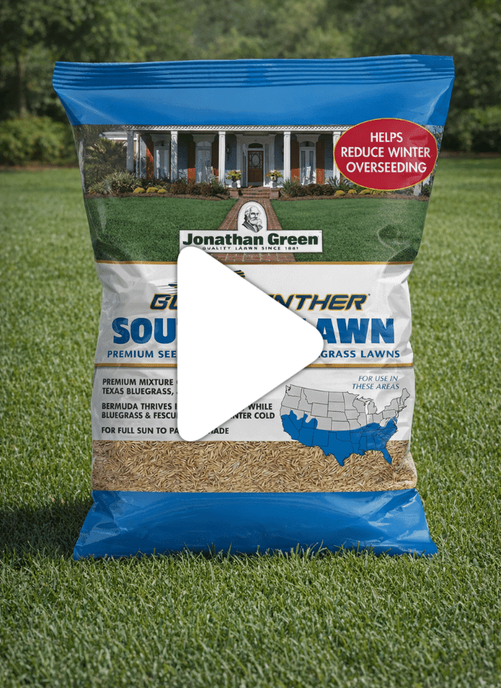 A bag of Blue Panther® Southern Lawn Grass Seed sits on a grassy lawn, with a label indicating it helps reduce winter overseeding.
