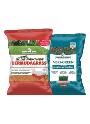 Two bags of Jonathan Green grass seed: "Bermudagrass Seed & Fertilizer Bundle" for Southern lawns and "Veri-Green Seeding & Sodding." Both display product details and vibrant images of lush grass.