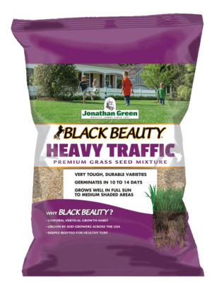 A bag of Black Beauty® Heavy Traffic Grass Seed.