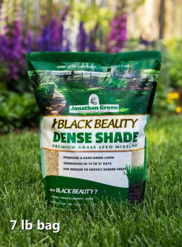 A 7 lb bag of Black Beauty® Dense Shade Grass Seed placed on a lush lawn with flowers in the background.