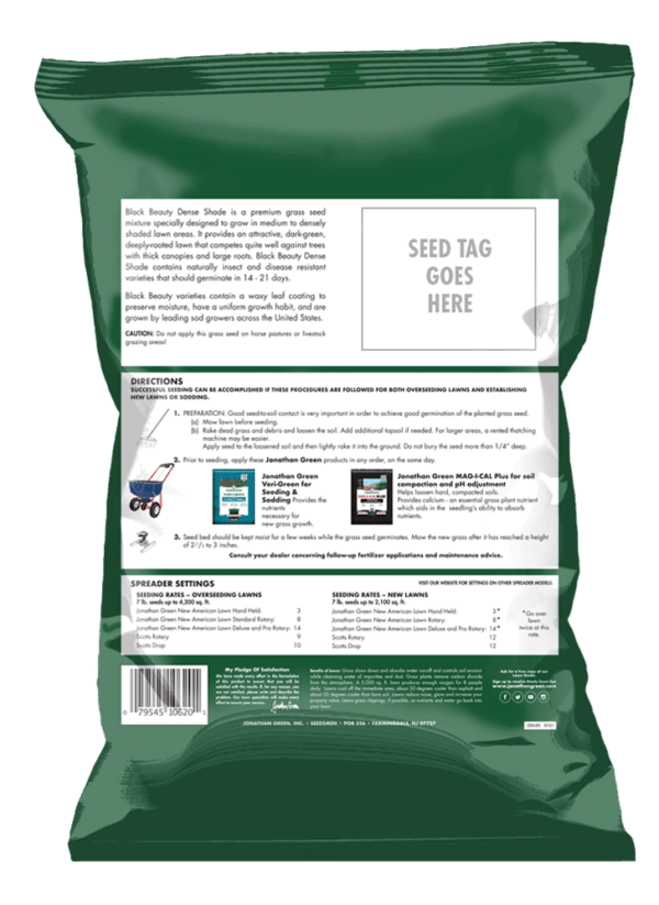 Bag of Black Beauty® Dense Shade Grass Seed designed for deep green color and optimal growth in shady areas.