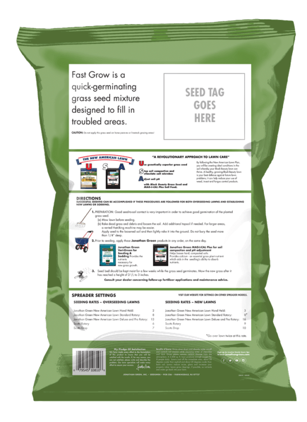 A back view of a Fast Grow Grass Seed bag with application instructions and details.