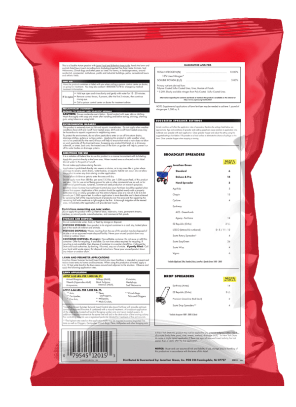 A red bag of Summer Survival Insect Control with Lawn Fertilizer with detailed product information and usage instructions on the back.