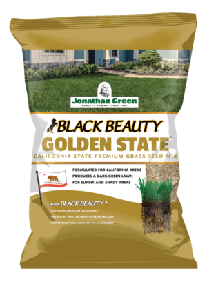 A bag of Black Beauty® Golden State California grass seed designed for sunny California lawns.