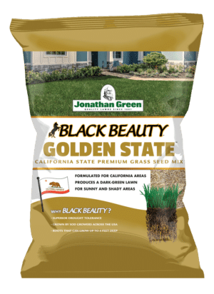 A bag of Black Beauty® Golden State California grass seed designed for sunny California lawns.