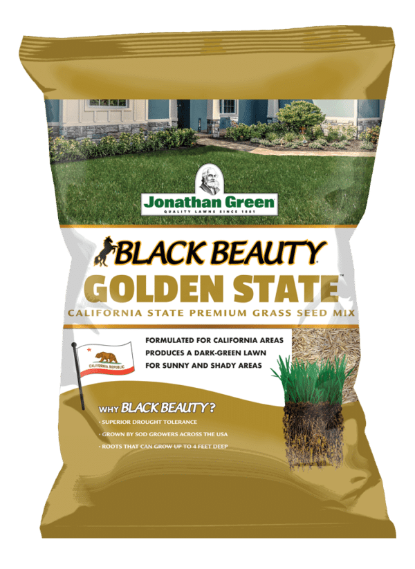 A bag of Black Beauty® Golden State California grass seed designed for sunny California lawns.