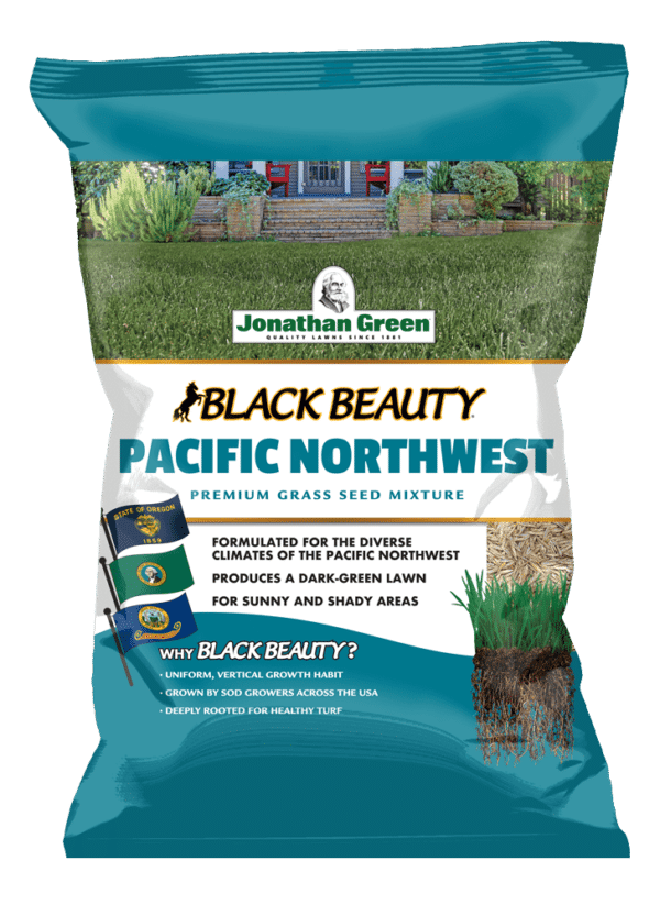 A bag of Black Beauty® Pacific Northwest Grass Seed against a transparent background.