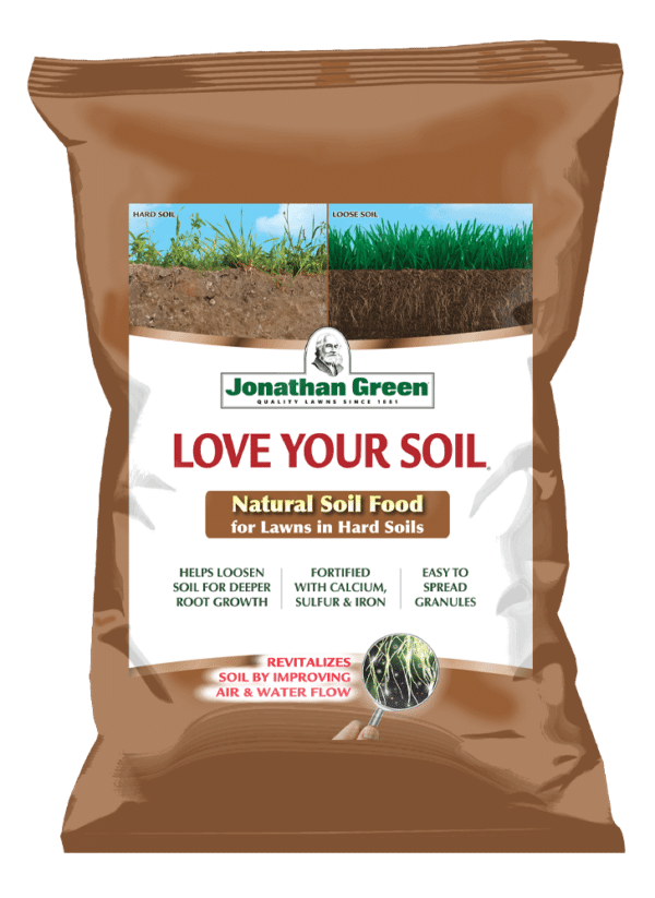 A bag of Love Your Soil® natural soil food product, designed to loosen soil and enhance root growth with added calcium, sulfur, and iron.