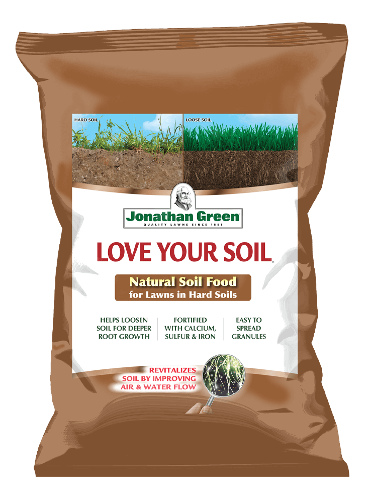 A bag of Love Your Soil® natural soil food product, designed to loosen soil and enhance root growth with added calcium, sulfur, and iron.