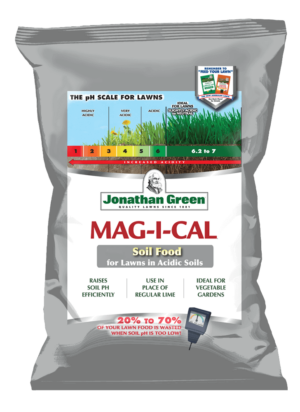 A bag of Mag-I-Cal® for Lawns in Acidic Soil, designed to raise soil pH and enhance nutrient availability in acidic soils.
