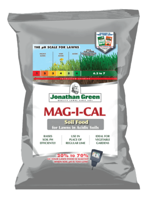 A bag of Mag-I-Cal® for Lawns in Acidic Soil, designed to raise soil pH and enhance nutrient availability in acidic soils.