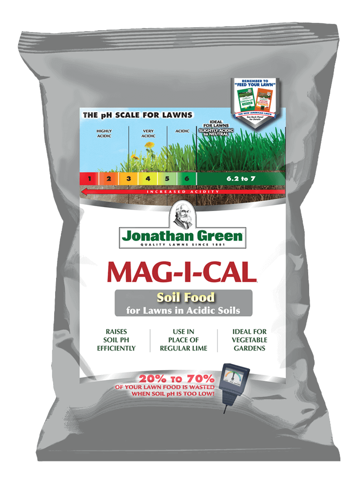 A bag of Mag-I-Cal® for Lawns in Acidic Soil, designed to raise soil pH and enhance nutrient availability in acidic soils.