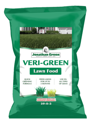 A bag of Veri-Green Nitrogen Rich Lawn Fertilizer designed to feed lawns with a nitrogen-rich, quick greening formula.