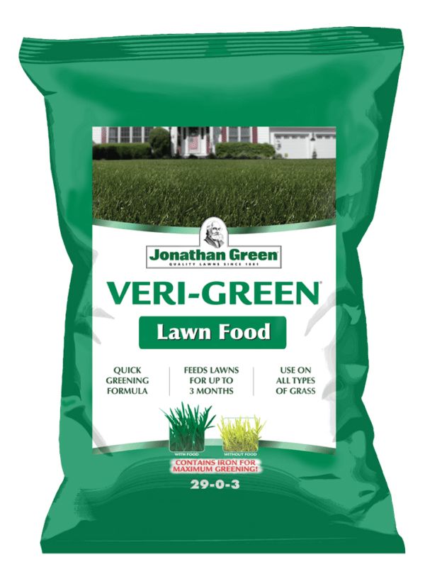 A bag of Veri-Green Nitrogen Rich Lawn Fertilizer designed to feed lawns with a nitrogen-rich, quick greening formula.