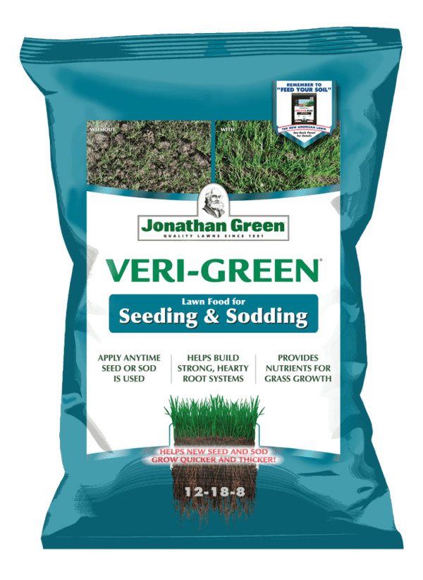 A bag of Veri-Green Starter Fertilizer for Seeding & Sodding, displaying product details and a green lawn image.