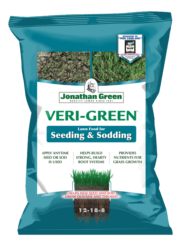 Starter_lawn_fertilizer_bag_front_of_Veri_Green_Seeding_and_Sodding_Bag