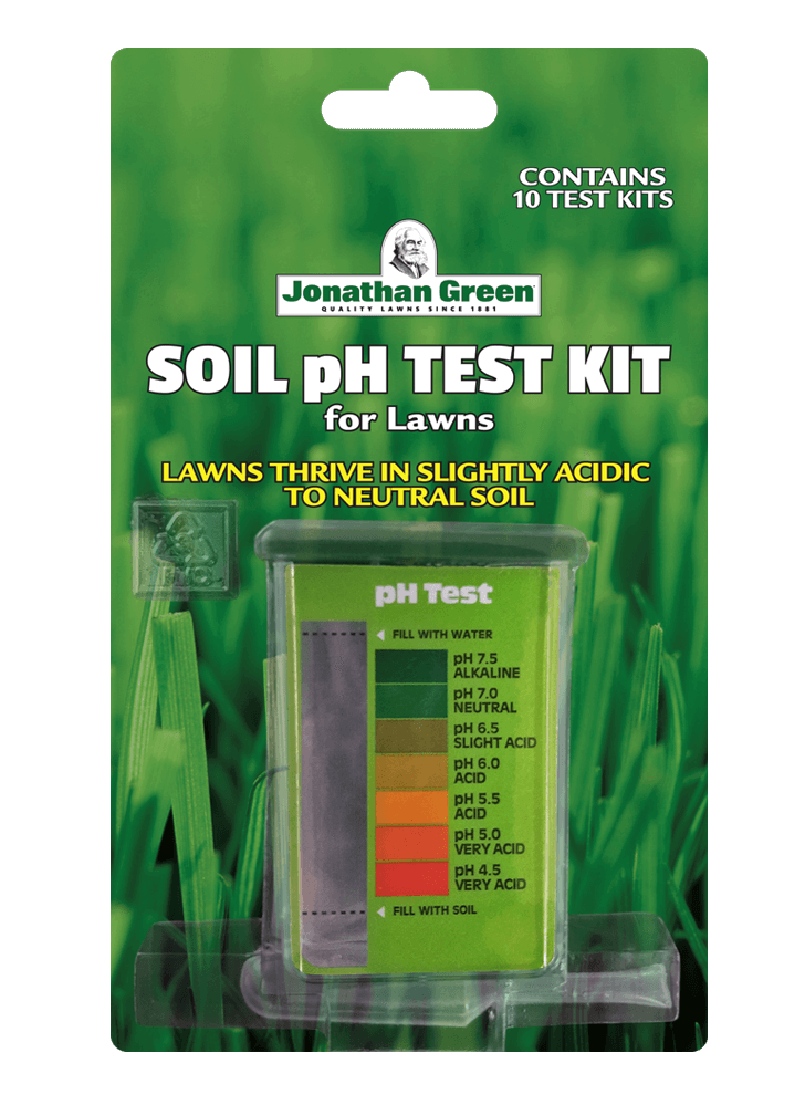 A package of Soil pH Test Kit for Lawns with a color-coded pH scale.