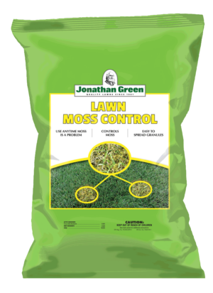 A bag of Lawn Moss Control with instructions and benefits prominently highlighted on the label.