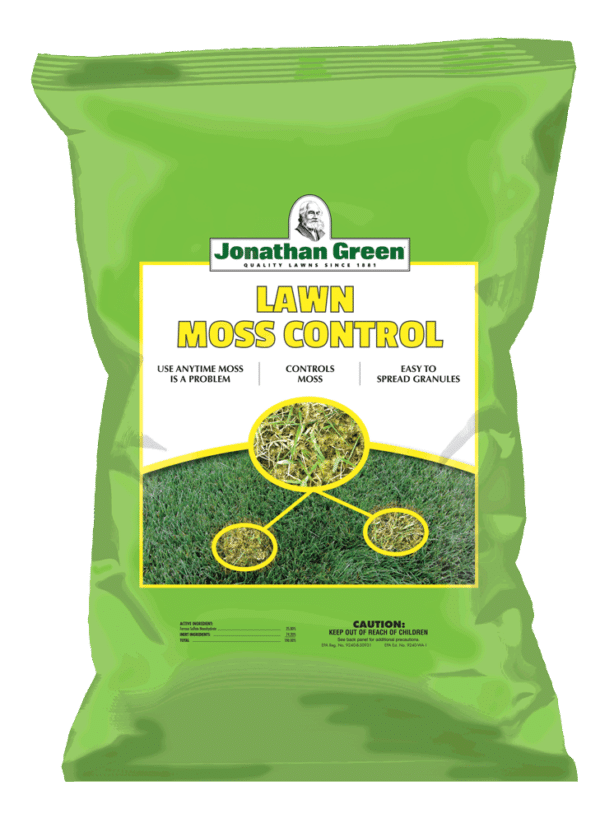 A bag of Lawn Moss Control with instructions and benefits prominently highlighted on the label.