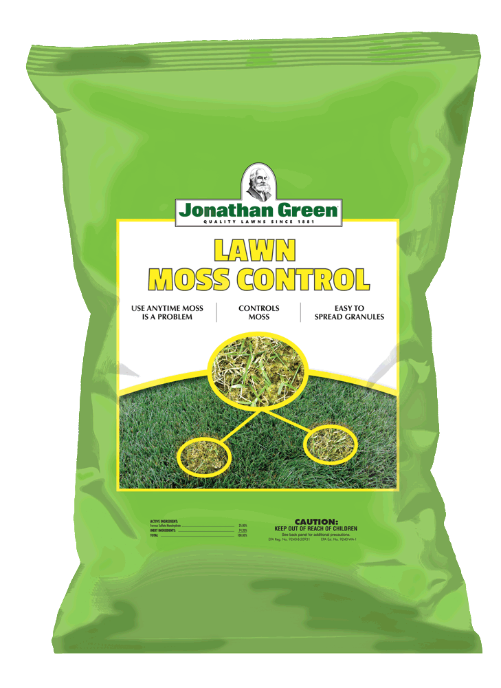 A bag of Lawn Moss Control with instructions and benefits prominently highlighted on the label.